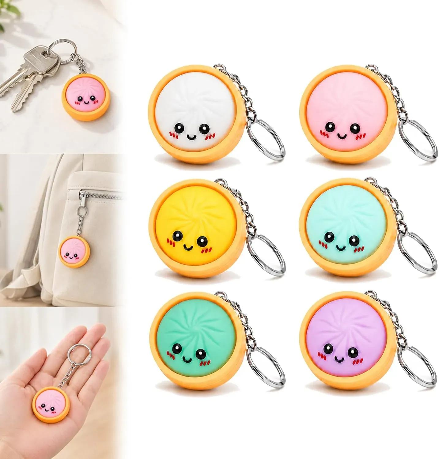 Mini Dumpling Keychain Charm, Soft Squeezable Fidget in 6 or 12 Packs (3-Pack)