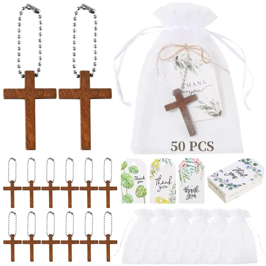50-Piece Wooden Cross Keychain Set with Organza Bags and Gratitude Tags (2-Pack)